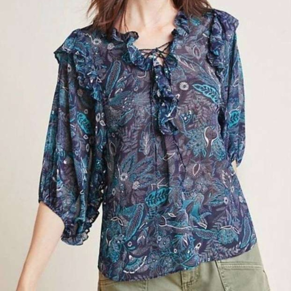 Anthropologie Haida Sheer Boho Peasant Floral Paisley Flowy Ruffle Blouse